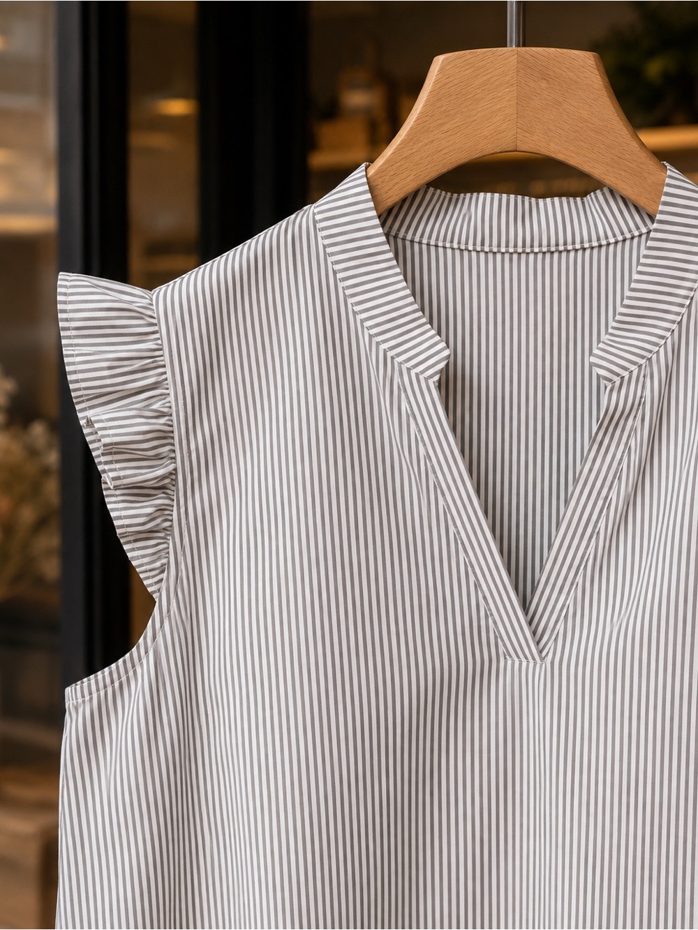 Gray White Striped Ruffle Sleeve Split Neck Blouse Women’s Top